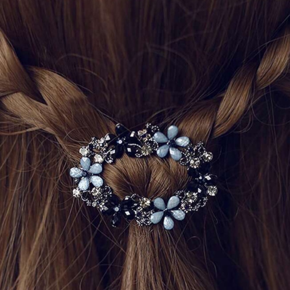Pretty Flower Hair Clip Jeweled Blue Black Crystals